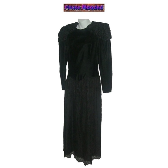 Jessica McClintock Vintage 80s Black Wedding Dress Oxblood Lace Silk Velvet Goth - Picture 3 of 13